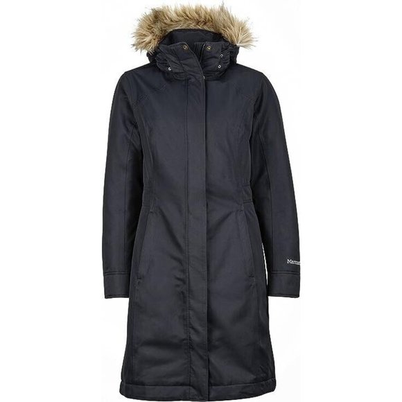 MARMOT Women's Chelsea Hooded Faux-Fur-Trim Coat Black Size S MSRP $380